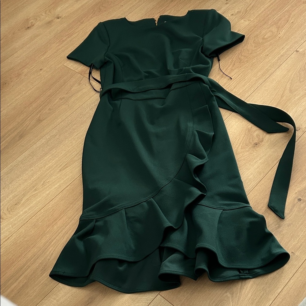 Calvin Klein Dark Green Midi Dress with Ruffle Hem